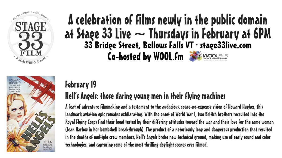 2/19/26, Thursday: Stage 33 Live film screening: Hell’s Angels (6:00 PM)