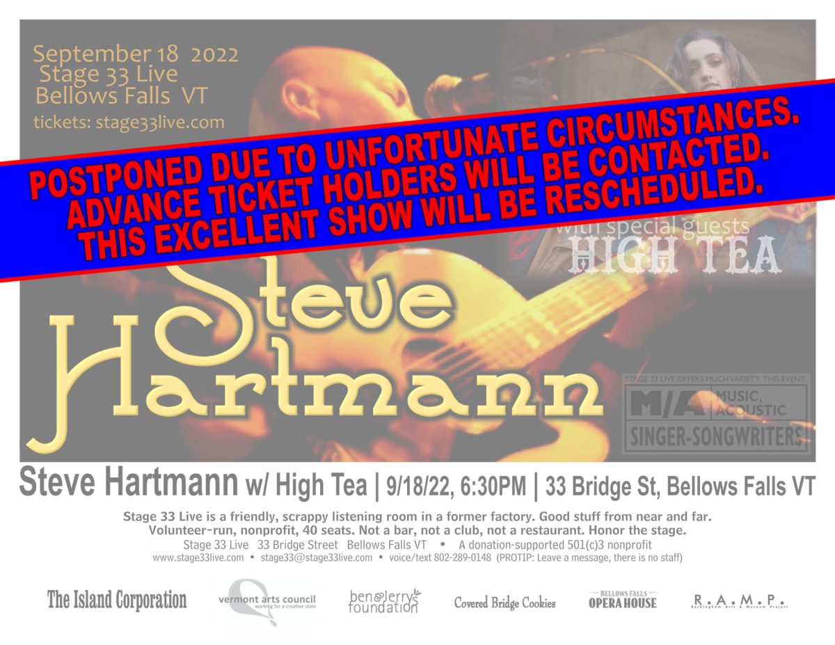 9/18/22: POSTPONED (Steve Hartmann with High Tea)