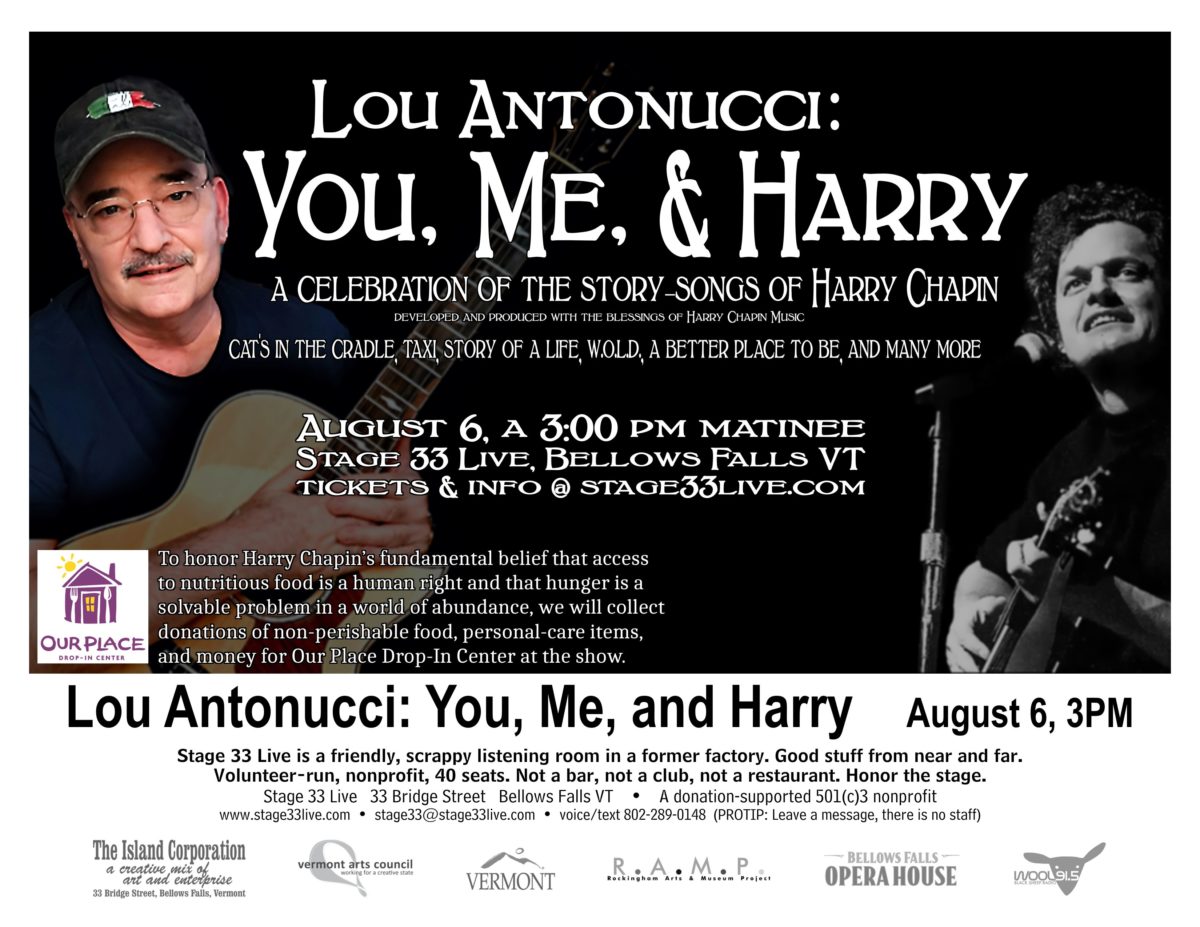 8/6/23, Sunday: Lou Antonucci — You, Me, and Harry (a tribute to Harry Chapin), 3:00 matinee