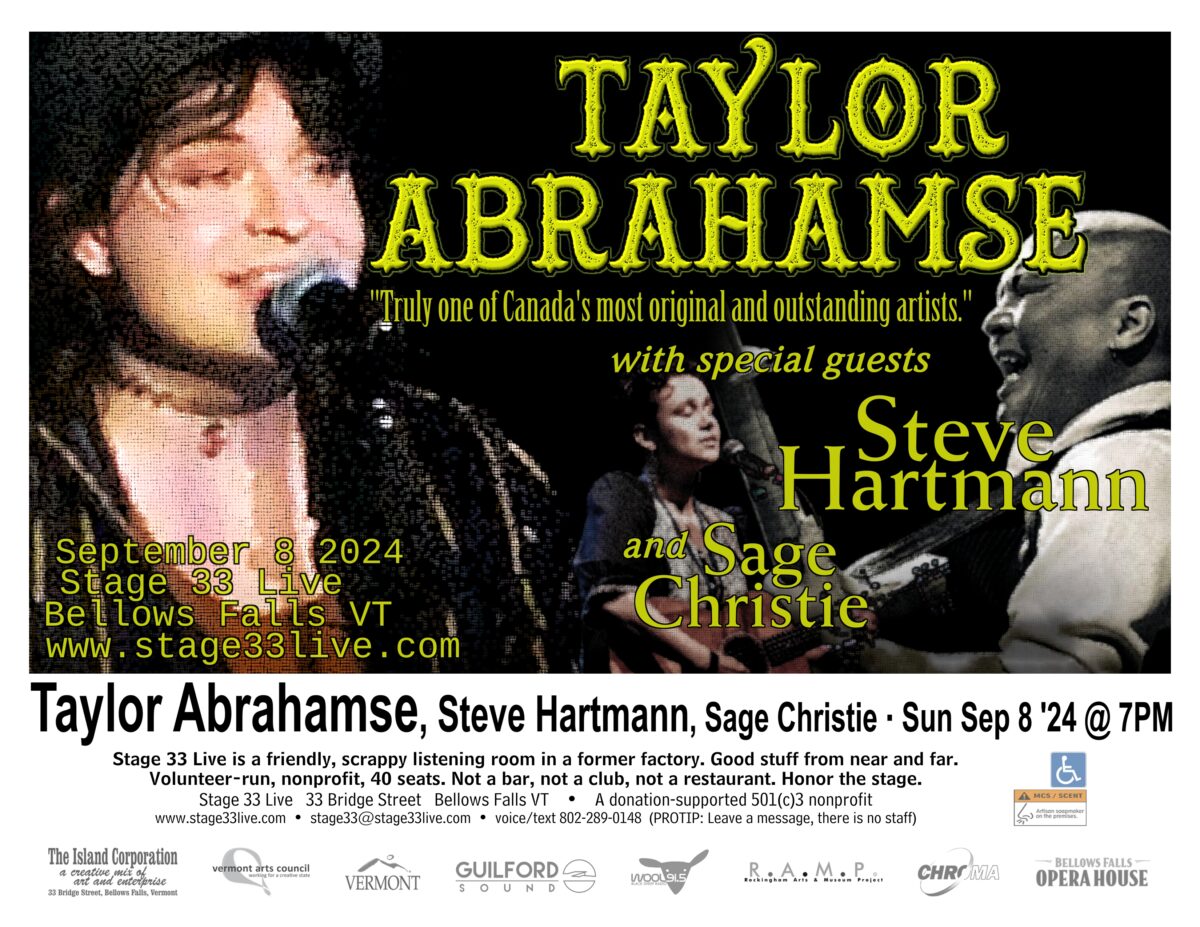9/8/24, Sunday: Taylor Abrahamse with Steve Hartmann and Sage Christie (7:00 PM)