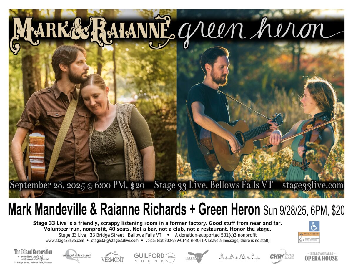 9/28/25, Sunday: Mark Mandeville & Raianne Richards + Green Heron (6:00 PM)