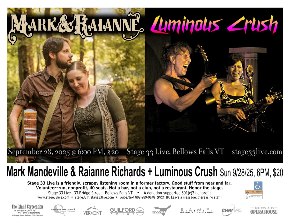 9/28/25, Sunday: Mark Mandeville & Raianne Richards + Luminous Crush (6:00 PM)